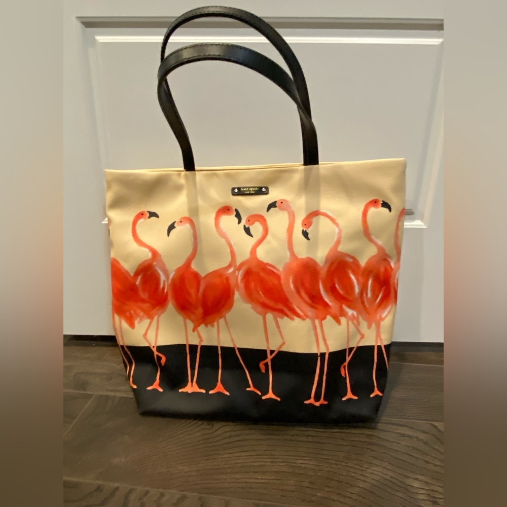kate spade Beige & Black Tote with Flamingo Print